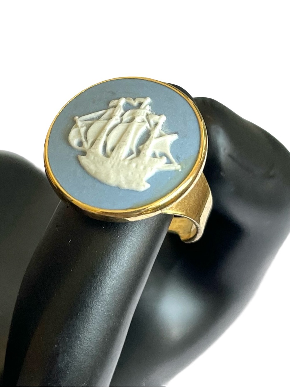 Mid-Century Wedgwood Blue Jasperware Cameo Style Adjustable Ring